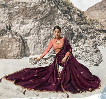 Wine Embroidered Silk Blend Saree With Blouse 3