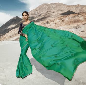 Sea Green Embroidered Silk Blend Saree With Blouse 1