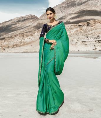 Sea Green Embroidered Silk Blend Saree With Blouse 2