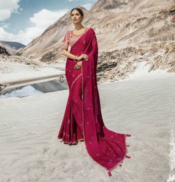 Dark Pink Embroidered Silk Blend Saree With Blouse 1