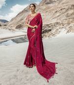 Dark Pink Embroidered Silk Blend Saree With Blouse