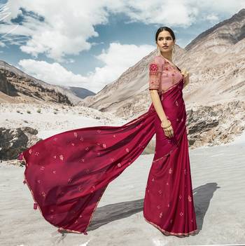 Dark Pink Embroidered Silk Blend Saree With Blouse 2
