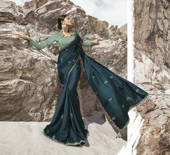 Teal Embroidered Silk Blend Saree With Blouse 1