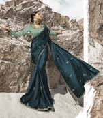 Teal Embroidered Silk Blend Saree With Blouse