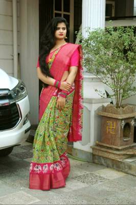 Dazzling Green Soft Linen Cotton Pochampally Saree With Blouse Piece 1