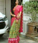 Dazzling Green Soft Linen Cotton Pochampally Saree With Blouse Piece