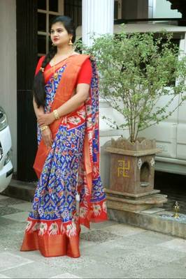 Radiant Blue Soft Linen Cotton Pochampally Saree With Blouse Piece 1