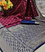 Dark Blue Woven Banarasi Saree With Blouse