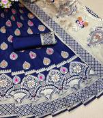 Dark Blue Woven Banarasi Saree With Blouse