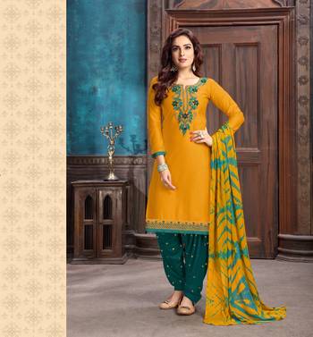 Yellow Green embroidered stone satin cotton unstitched salwar with dupatta 1