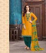 Yellow Green embroidered stone satin cotton unstitched salwar with dupatta