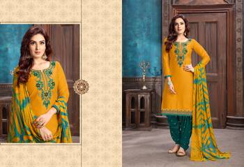 Yellow Green embroidered stone satin cotton unstitched salwar with dupatta 2