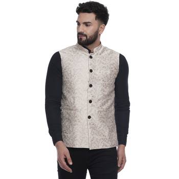 Beige Brasso Banarasi Nehru Jacket 1