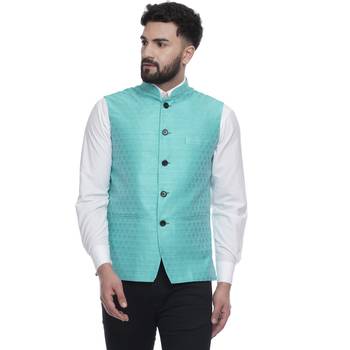 Green Brasso Jacquard Nehru Jacket 1