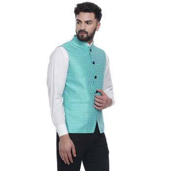 Green Brasso Jacquard Nehru Jacket 2