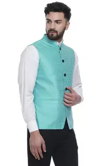 Green Brasso Jacquard Nehru Jacket