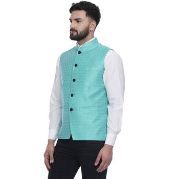 Green Brasso Jacquard Nehru Jacket 3