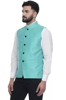 Green Brasso Jacquard Nehru Jacket