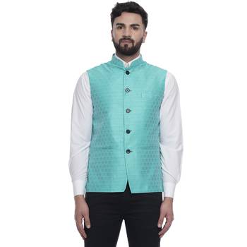 Green Brasso Jacquard Nehru Jacket 4