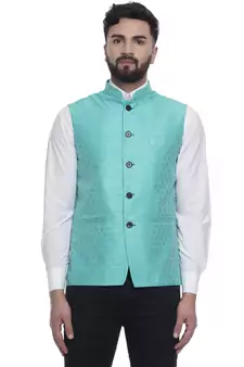 Green Brasso Jacquard Nehru Jacket