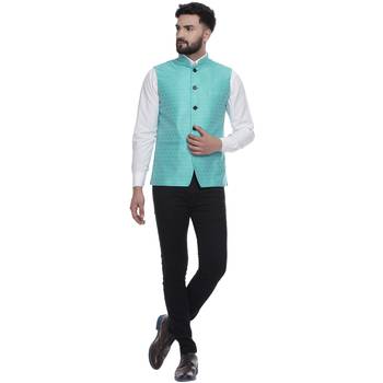 Green Brasso Jacquard Nehru Jacket 5