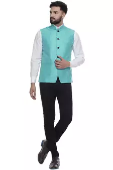 Green Brasso Jacquard Nehru Jacket