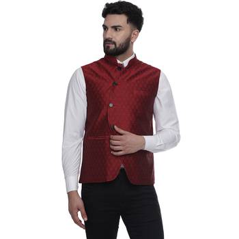 Maroon Brasso Jacquard Nehru Jacket 1
