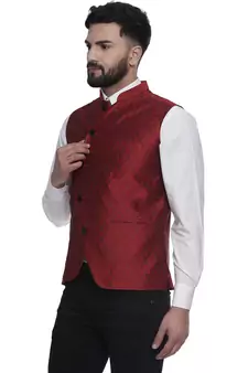 Maroon Brasso Jacquard Nehru Jacket