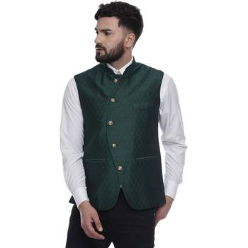 Green Brasso Jacquard Nehru Jacket 1
