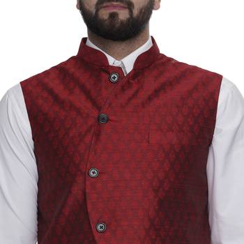 Maroon Brasso Jacquard Nehru Jacket 4