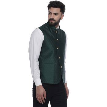 Green Brasso Jacquard Nehru Jacket 2
