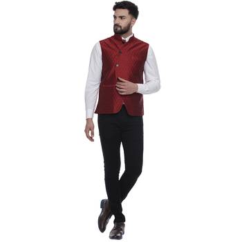 Maroon Brasso Jacquard Nehru Jacket 5