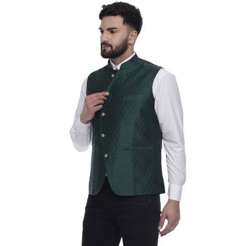 Green Brasso Jacquard Nehru Jacket 3