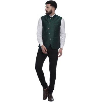Green Brasso Jacquard Nehru Jacket 5