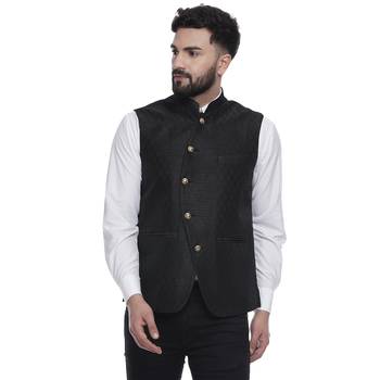 Black Brasso Jacquard Nehru Jacket 1