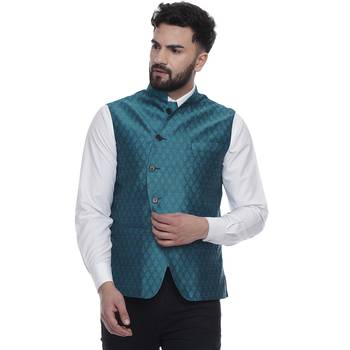 Turquoise Brasso Jacquard Nehru Jacket 1