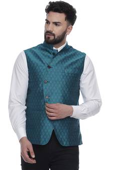 Turquoise Brasso Jacquard Nehru Jacket