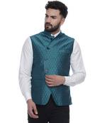 Turquoise Brasso Jacquard Nehru Jacket