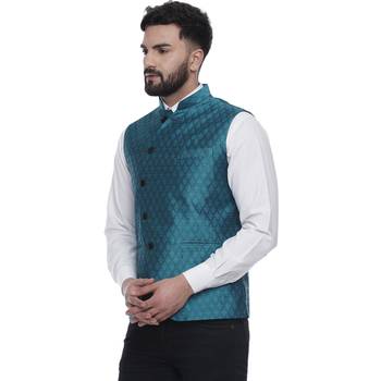 Turquoise Brasso Jacquard Nehru Jacket 2