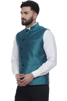 Turquoise Brasso Jacquard Nehru Jacket