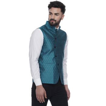 Turquoise Brasso Jacquard Nehru Jacket 3