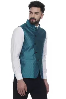 Turquoise Brasso Jacquard Nehru Jacket