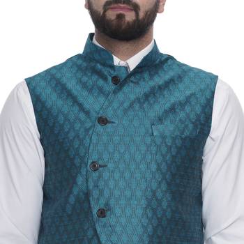 Turquoise Brasso Jacquard Nehru Jacket 4