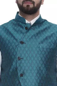 Turquoise Brasso Jacquard Nehru Jacket