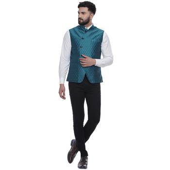 Turquoise Brasso Jacquard Nehru Jacket 5