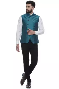 Turquoise Brasso Jacquard Nehru Jacket