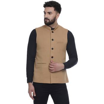Brown Woven Pure Cotton Knitted Stretch Nehru Jacket 1