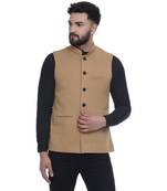 Brown Woven Pure Cotton Knitted Stretch Nehru Jacket