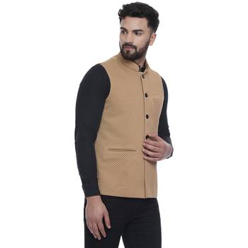 Brown Woven Pure Cotton Knitted Stretch Nehru Jacket 3