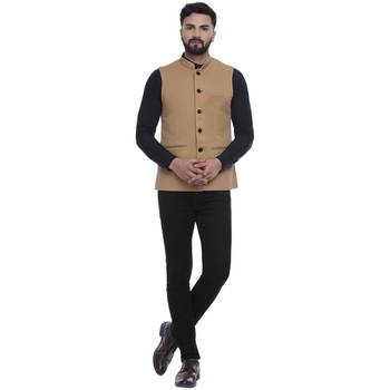 Brown Woven Pure Cotton Knitted Stretch Nehru Jacket 5